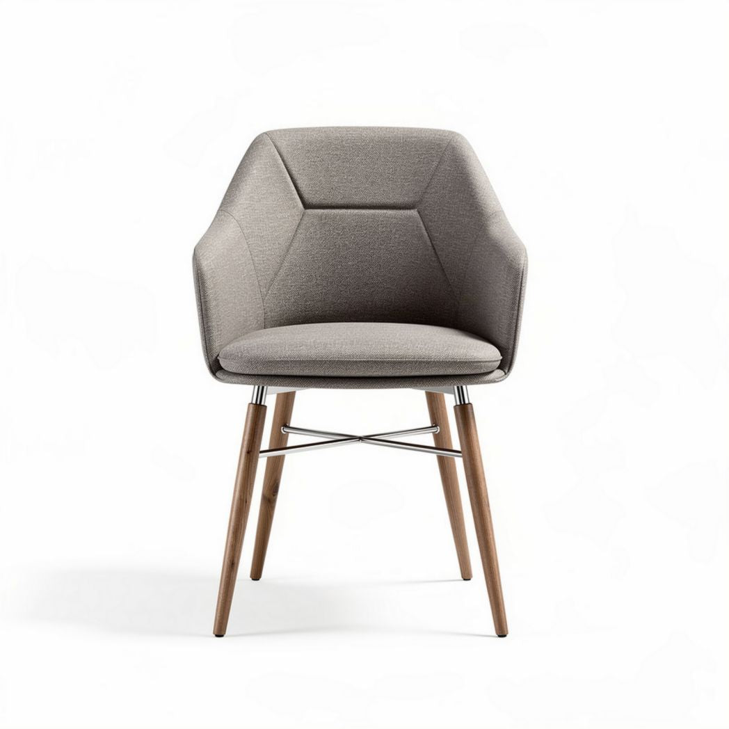 Fabric armchair with wooden legs and metal support in gray color