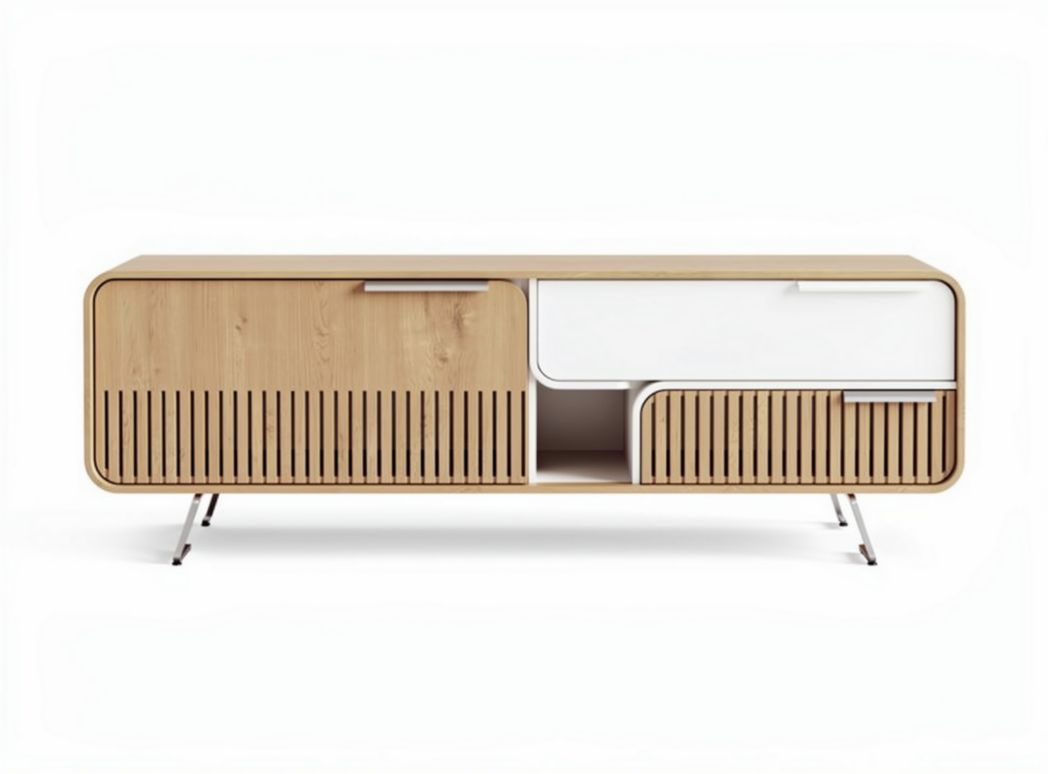Wooden media console with white accents and drawers for living room storage 150 x 40 x 60cm