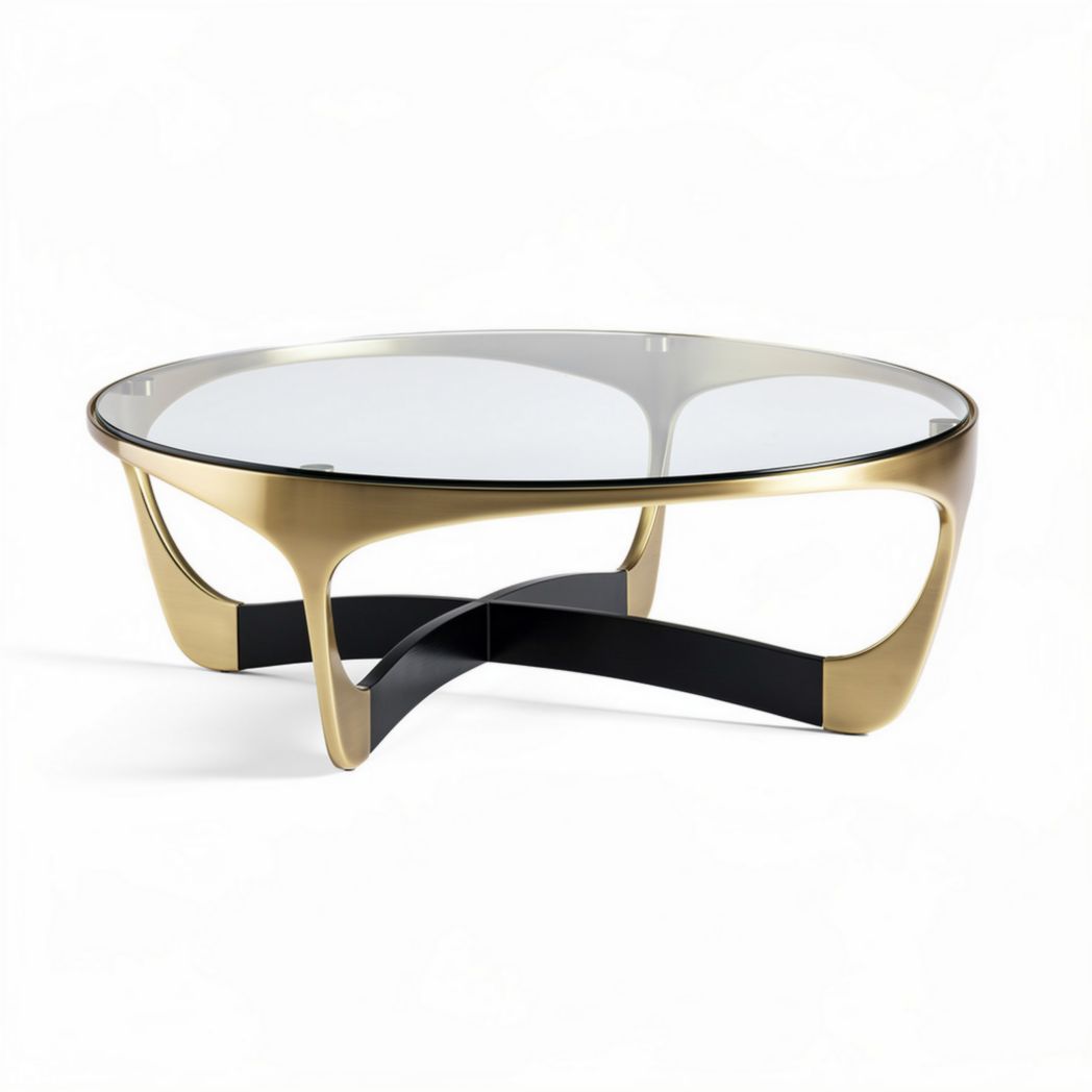 Glass top coffee table with gold and black metal frame modern design