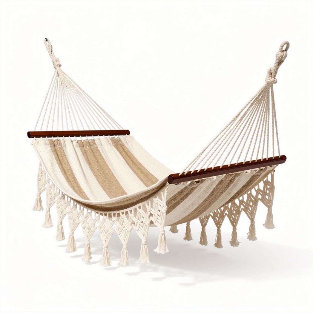 Hammock with wooden spreader bars and cotton fabric for indoor and outdoor use