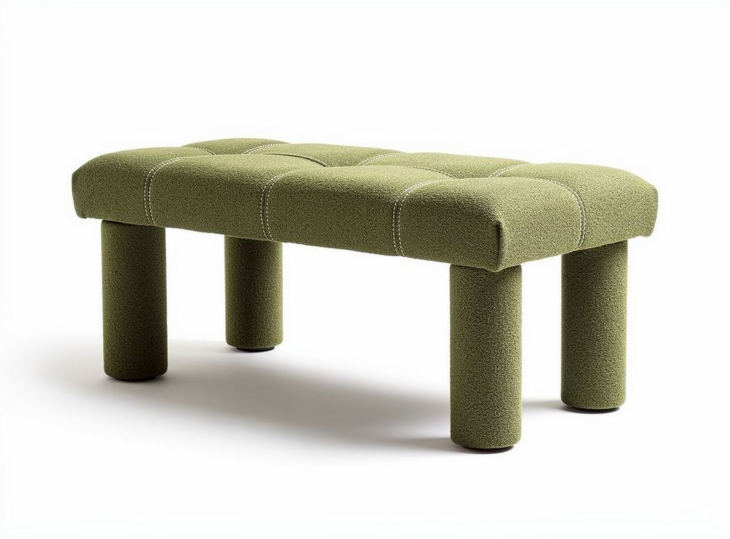 Upholstered ottoman bench in olive green fabric with four cylindrical legs 80 x 40 x 35cm