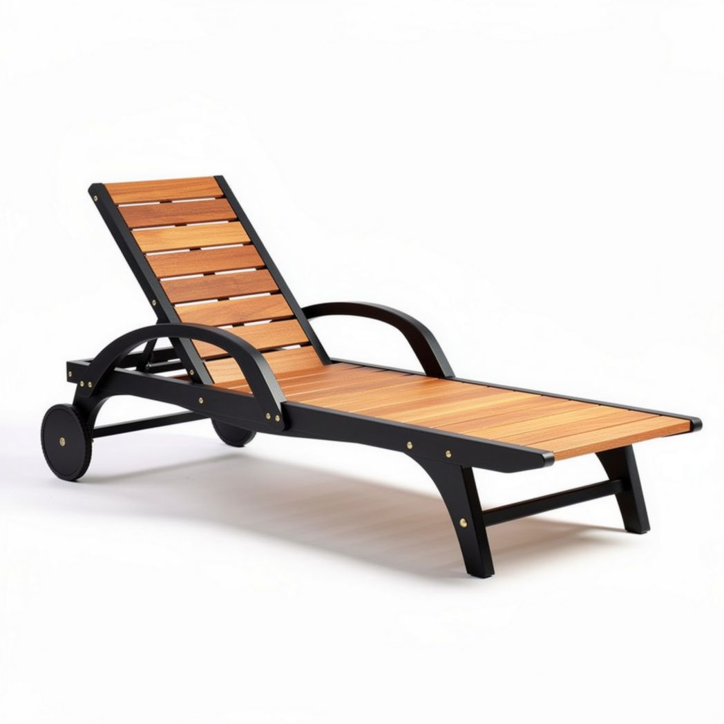Outdoor wooden lounge chair with adjustable backrest and wheels 200 x 70 x 30cm