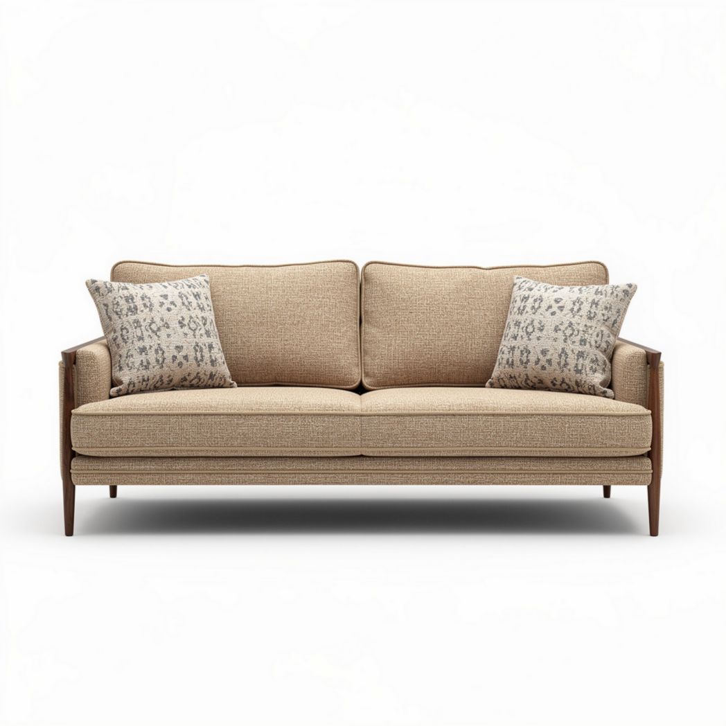 Modern beige fabric sofa with wooden frame and two decorative pillows 190 x 85 x 85cm