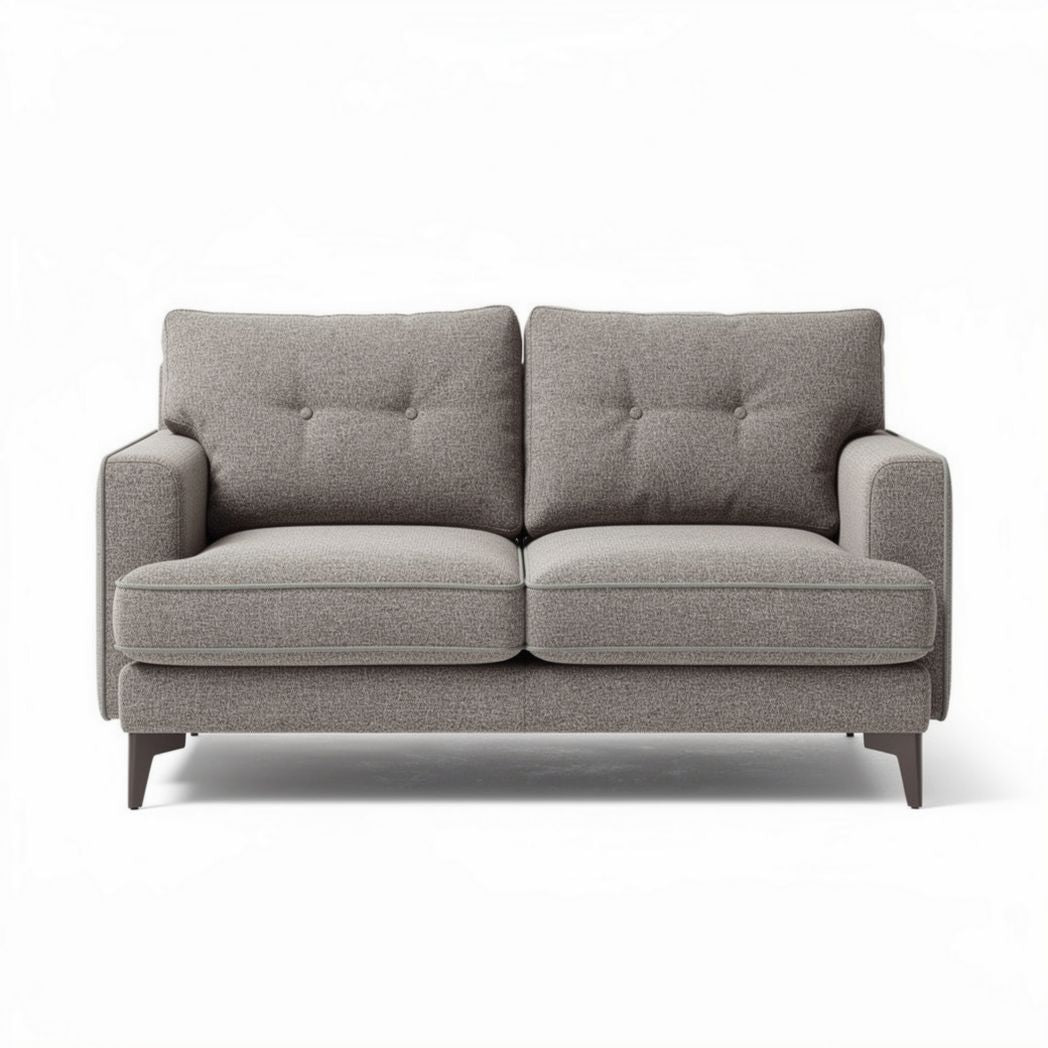 Gray fabric two-seater sofa with tufted cushions and wooden legs 150 x 85 x 75cm