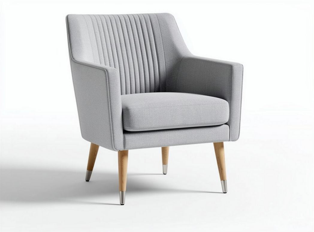 Mid-century modern accent chair in light gray upholstery with wooden legs 80 x 70 x 85cm