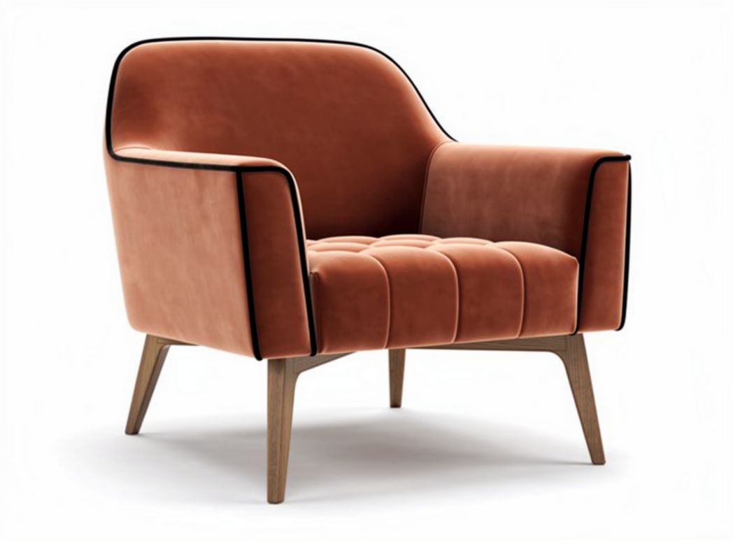 Velvet upholstered armchair with wooden legs and tufted design in orange