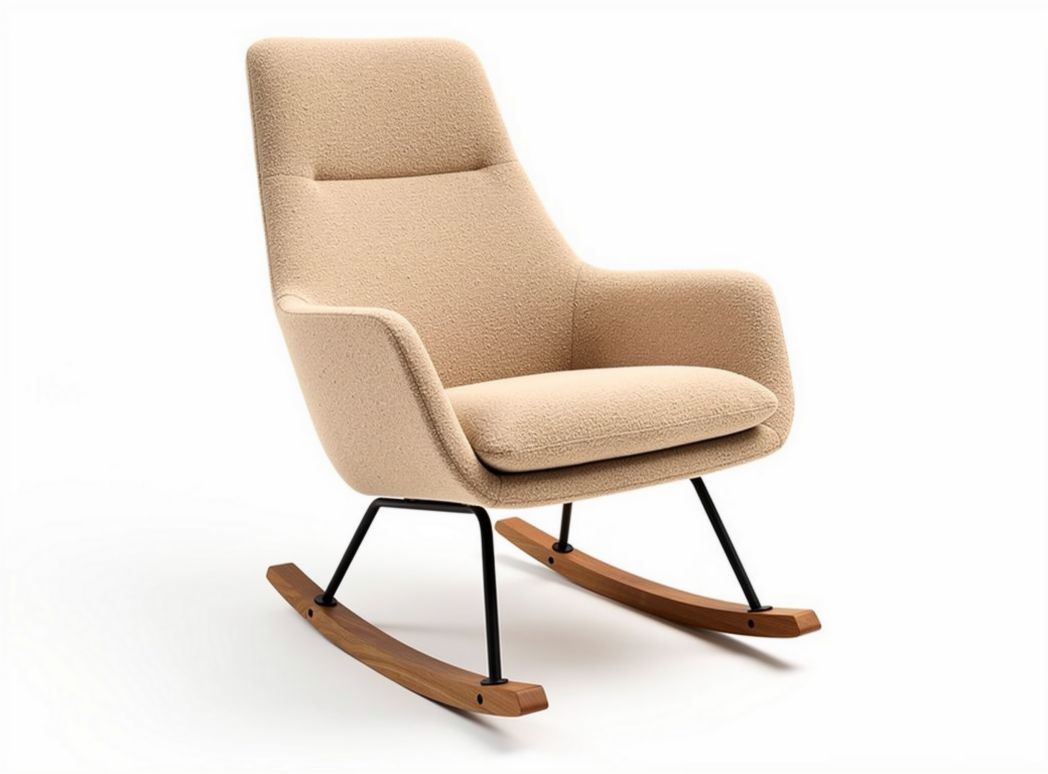 Rocking chair in beige fabric with wooden rocker base and metal frame