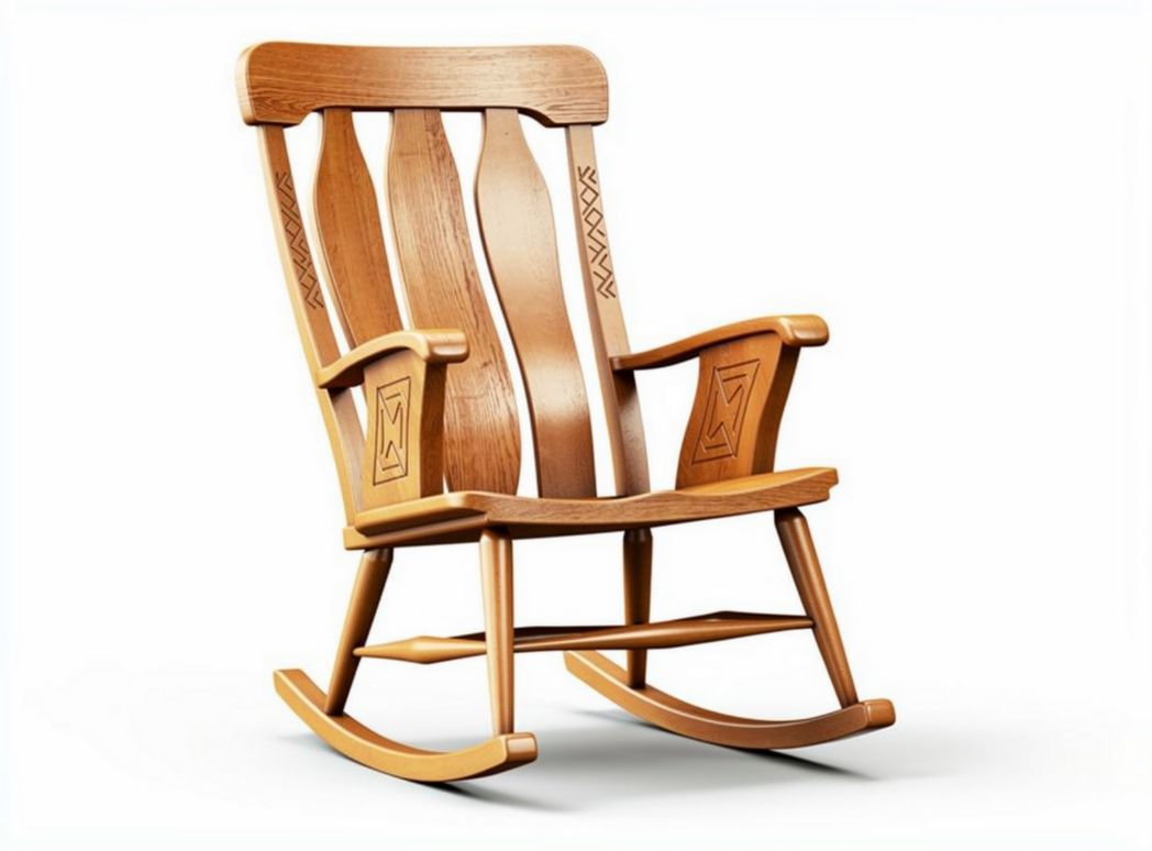 Wooden rocking chair with intricate carvings suitable for living room use